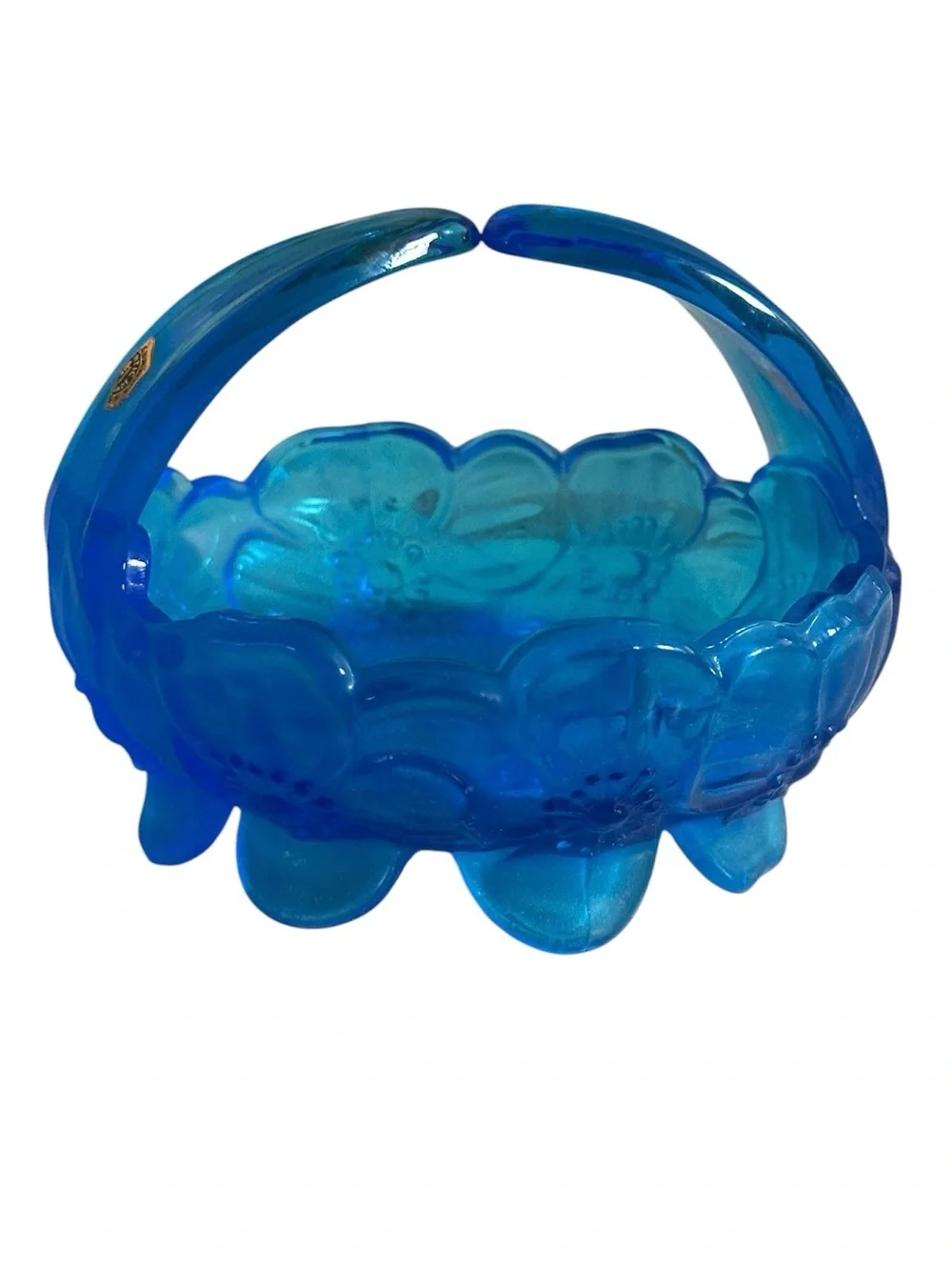 Vintage Westmoreland Split Handle Blue Dogwood Blossom Candy Dish Basket 4